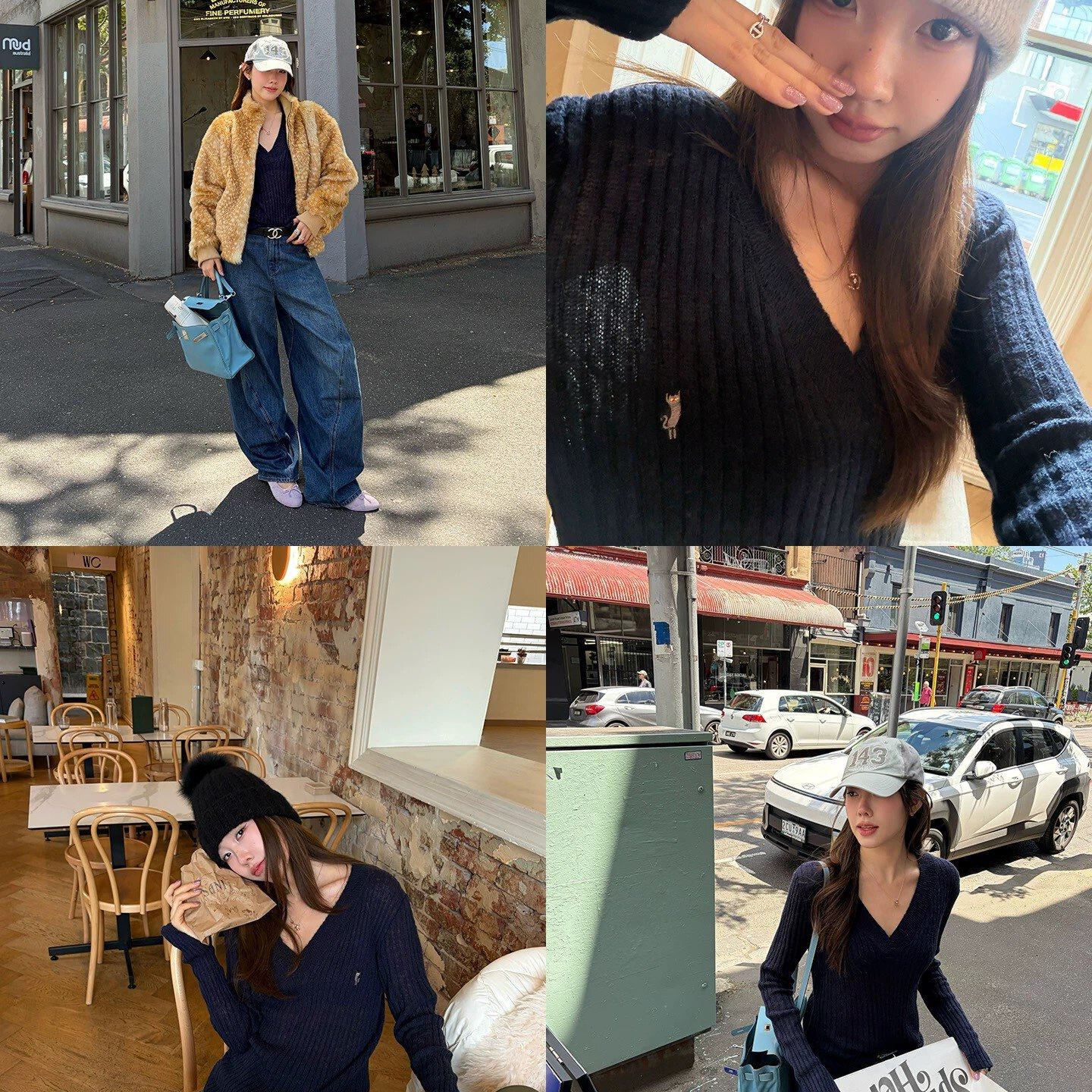 Hanco 韩鸽-26年早春韩系简约V领刺绣标喇叭袖亲肤针织衫H8260,淘宝优惠券,粉丝福利购,淘宝优惠卷