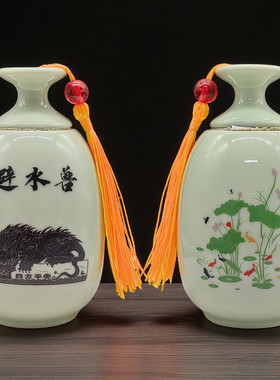 中式陶瓷卫生间风水摆件避水兽瓶子荷花九鱼图黄色流苏招财