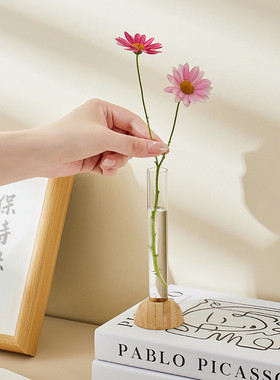 简约创意竹座水培试管花瓶网红高级感客厅办公室桌面摆件