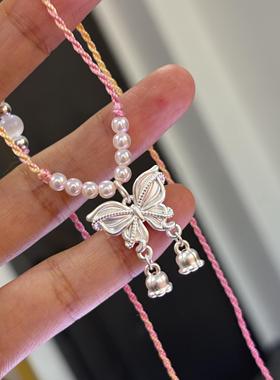 足银999蝴蝶项链甜美少女心编织纯银铃兰花流苏吊坠情人节送女友