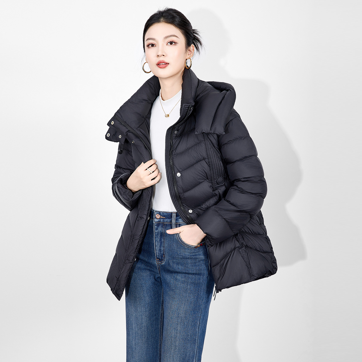 90白鸭绒连帽可拆高品质保暖羽绒服泡芙蓬松外套女冬新款 - 图1