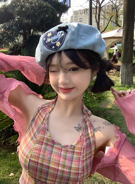 复古牛仔爱心甜美秋冬贝雷帽爱心