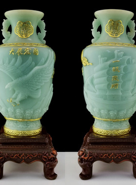 花开富贵玉石花瓶摆件一对家居客厅酒柜装饰平安如意乔迁新居礼品