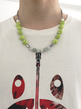 国潮风时尚INS同款荧光绿色陶瓷骷颅玉石花钛钢拼接项链圈嘻哈酷A