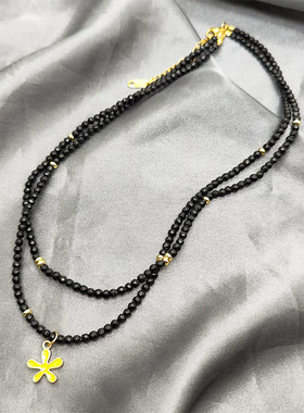 陈楚生同款黑色切面天然石金色隔片花朵吊坠双层项链圈锁骨链潮酷