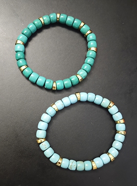 AC原创 天然蓝绿松石4X6MM拼18k金配件弹力手链 带感增能手串环