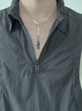 白敬亭同款粉橘西瓜红拼接项链钢银色耳骨夹套装