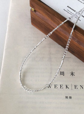 S925银碎银竹节白水晶圆珠项链精致小巧清冷感ins清新锁骨链