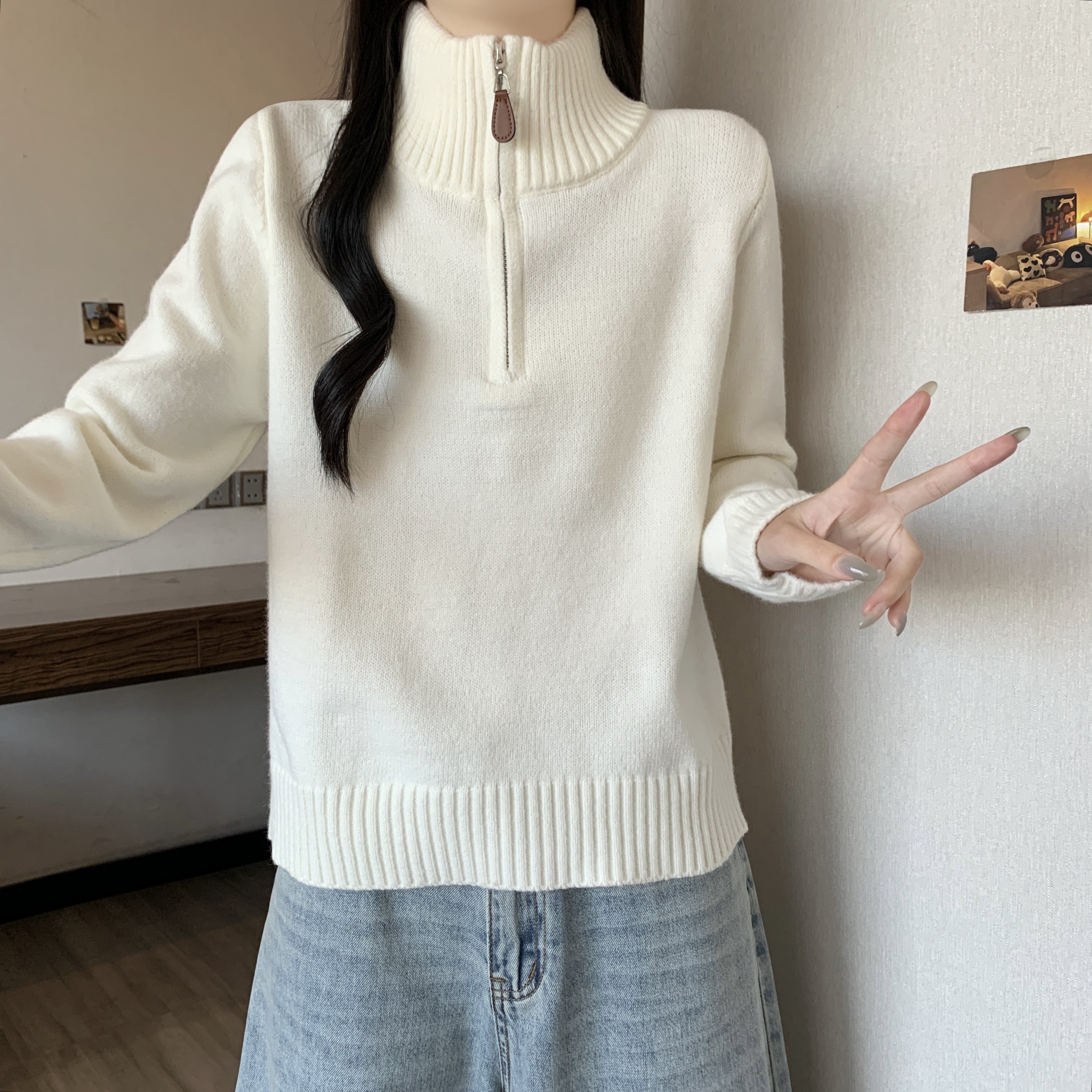 高级灰半拉链立领针织羊毛衫女长袖2025新款巨好看的冬装内搭上衣,淘宝优惠券,粉丝福利购,淘宝优惠卷