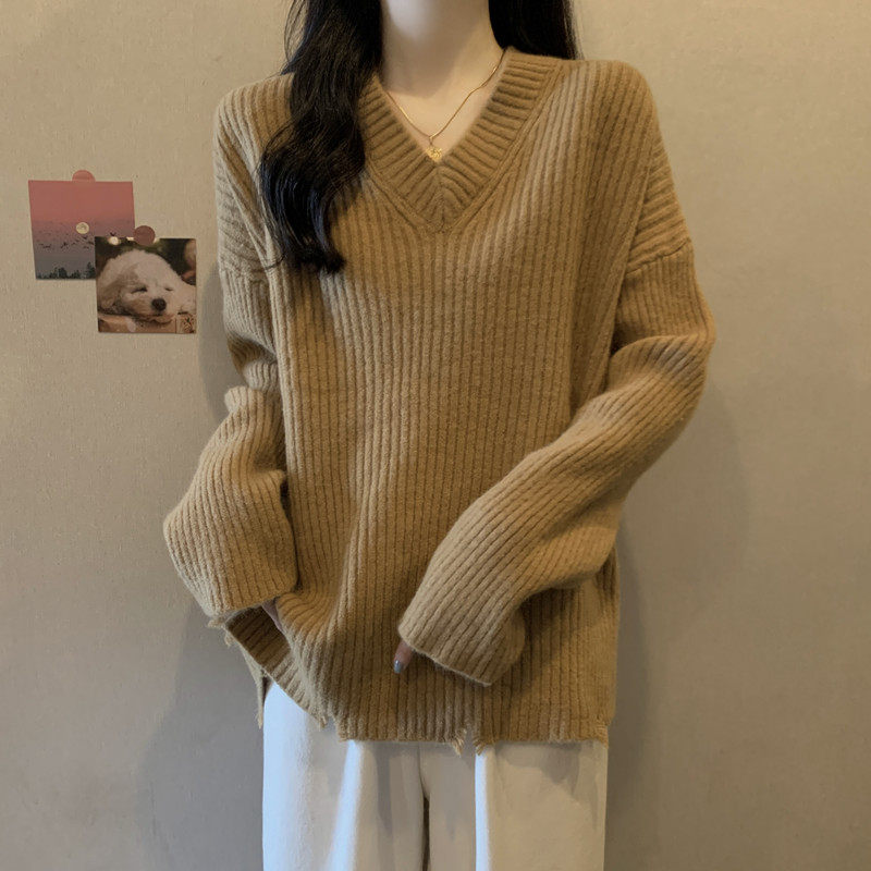 实拍 大码女装秋冬装胖妹妹显瘦毛衣V领软糯慵懒风宽松针织衫上衣,淘宝优惠券,粉丝福利购,淘宝优惠卷