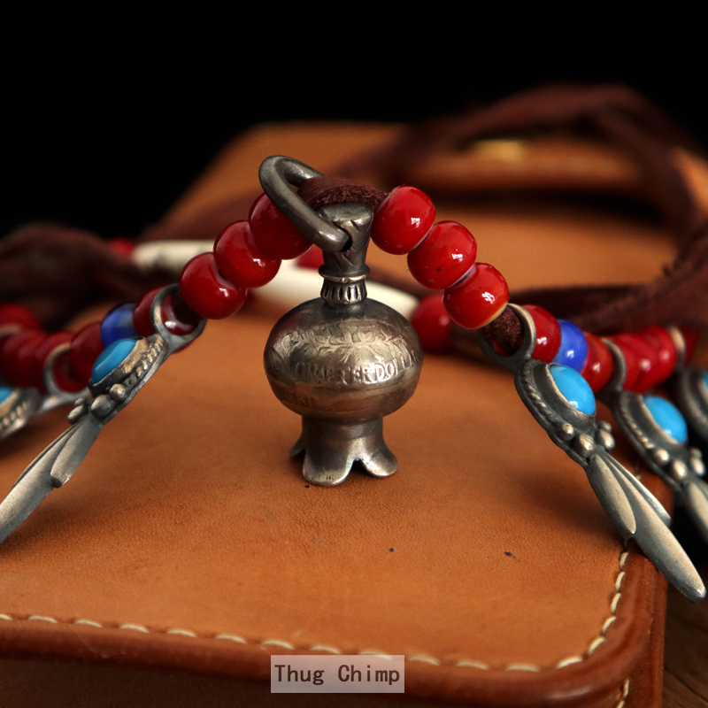 美式复古印第安纳瓦霍手工银饰navajo石榴花吊坠925银琉璃珠项链 - 图1
