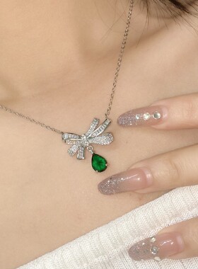 潮人水滴钻石蝴蝶结复古绿项链女