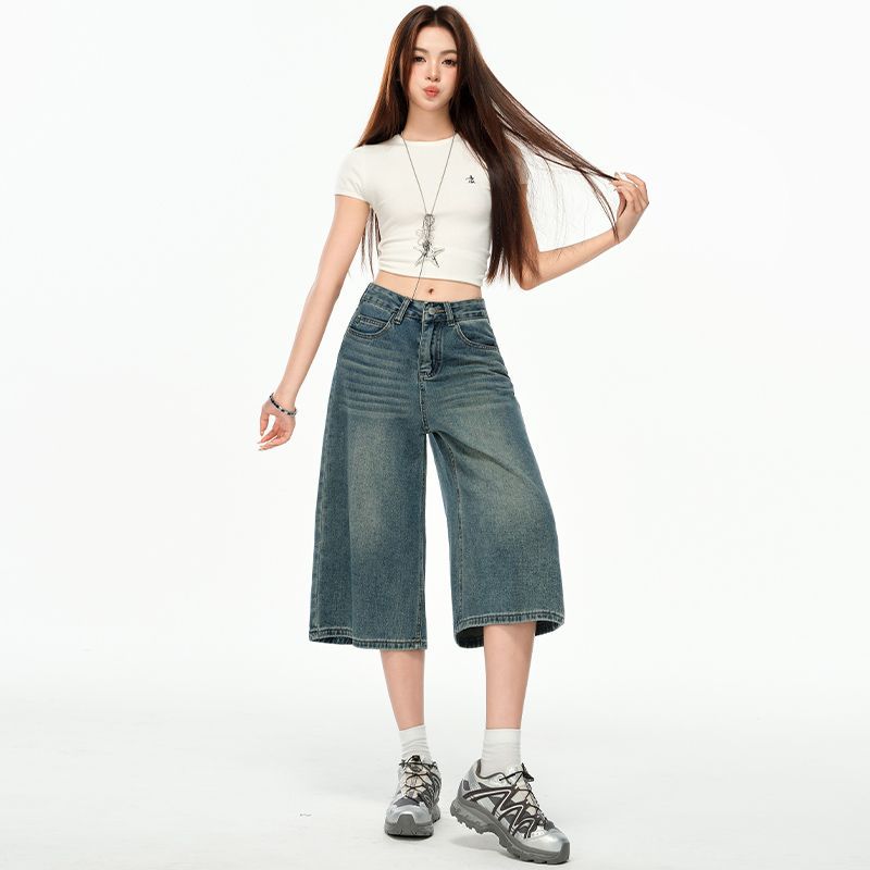 复古七分牛仔短裤女秋冬秋季2025新款小个子宽松直筒阔腿7分热裤 - 图1
