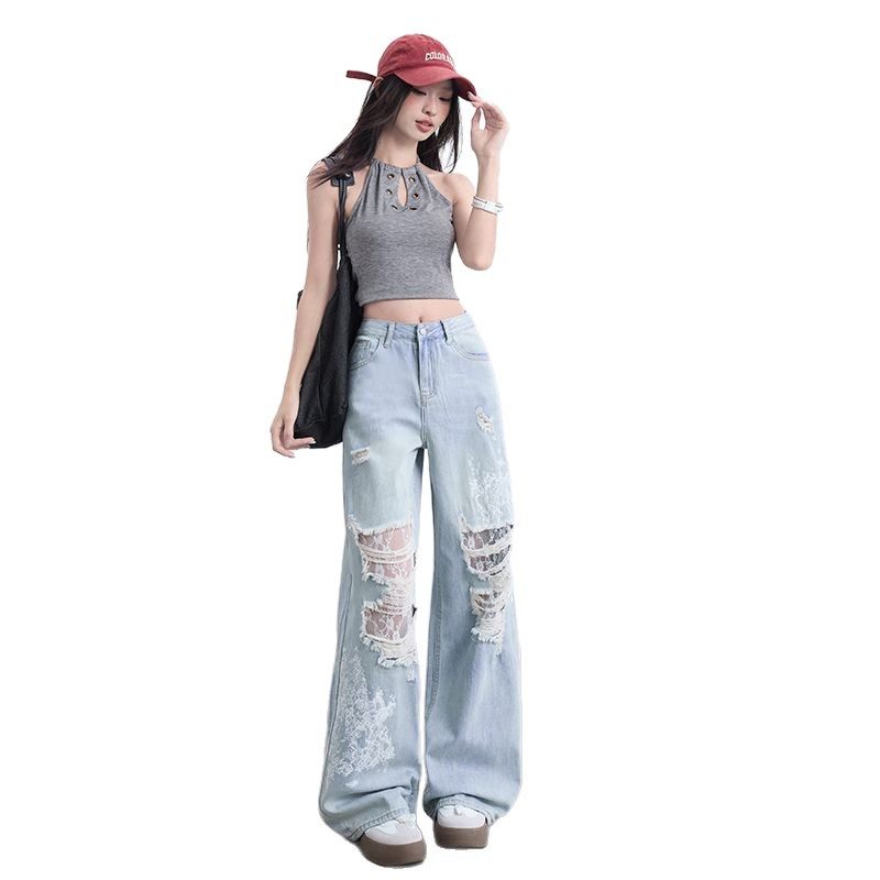 浅蓝破洞蕾丝阔腿牛仔裤女秋冬秋季2025年新款设计感宽松直筒裤子,淘宝优惠券,粉丝福利购,淘宝优惠卷
