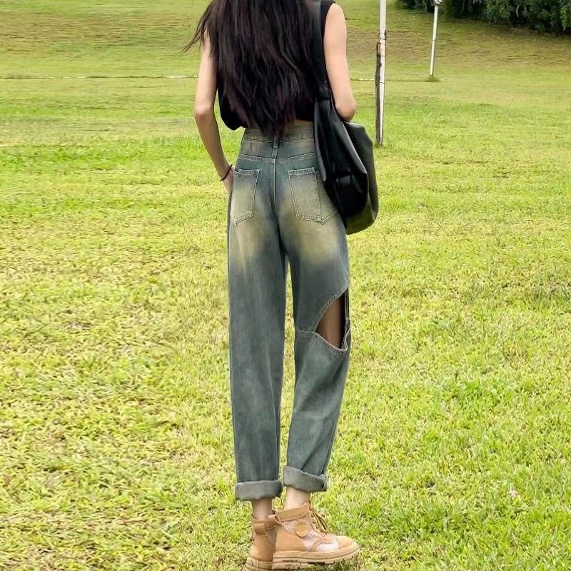 复古做旧破洞牛仔裤女秋季秋冬2025新款设计感高腰老爹哈伦直筒裤,淘宝优惠券,粉丝福利购,淘宝优惠卷