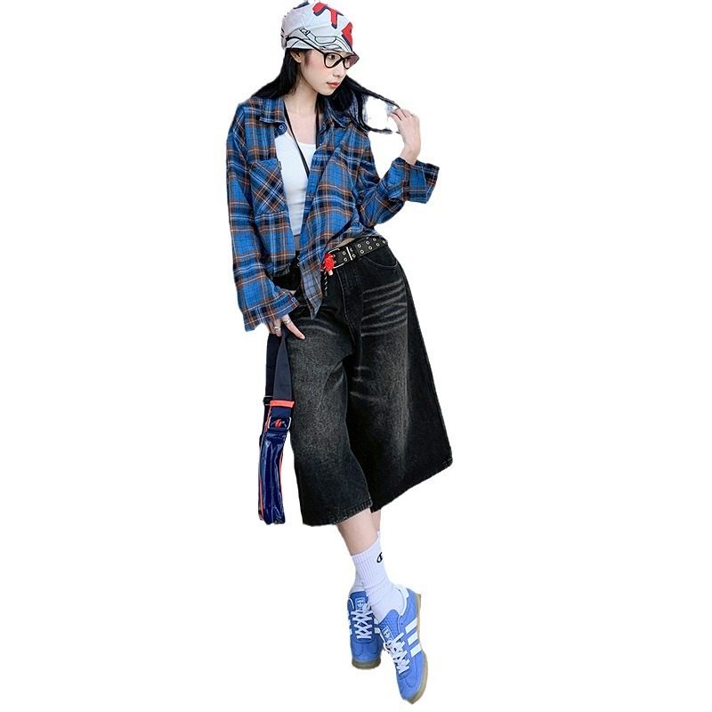 美式黑色牛仔七分裤女秋季秋冬2025新款复古宽松五分短裤直筒裤子,淘宝优惠券,粉丝福利购,淘宝优惠卷