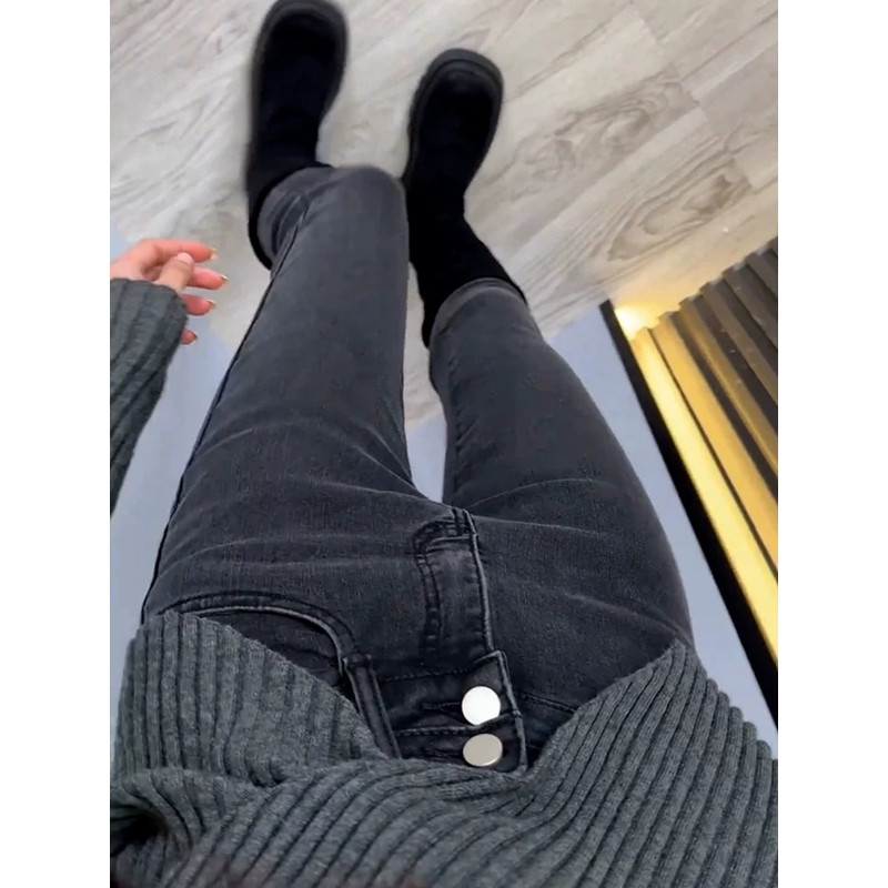 烟灰色牛仔裤女高腰秋冬加绒2025年新款弹力修身显瘦九分小脚裤子,淘宝优惠券,粉丝福利购,淘宝优惠卷