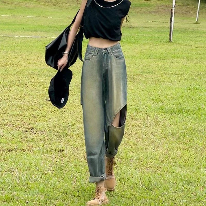 复古做旧破洞牛仔裤女秋季秋冬2025新款设计感高腰老爹哈伦直筒裤,淘宝优惠券,粉丝福利购,淘宝优惠卷