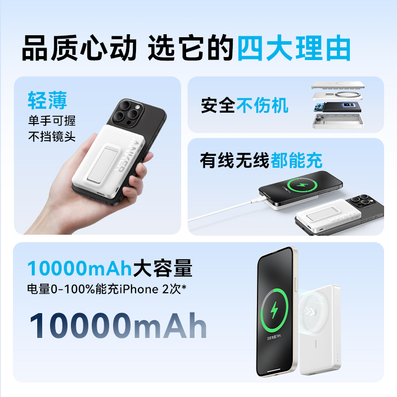 Anker安克MagGo适用于苹果磁吸无线充电宝10000毫安iPhone15magsafe轻薄小巧便携适用iPhone16苹果15移动电源