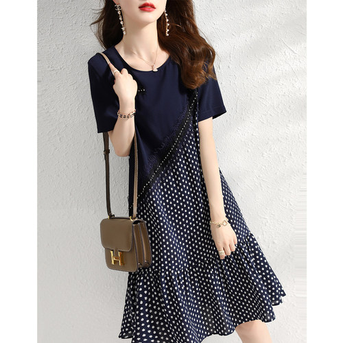 九月陌墨拼接波点夏季时尚收腰气质显瘦荷叶边T恤裙短袖连衣裙女 - 图3