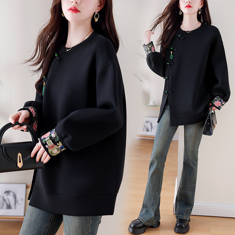 九月陌墨新中式国风圆领卫衣女春秋2024新款刺绣大码盘扣宽松上衣,淘宝优惠券,粉丝福利购,淘宝优惠卷