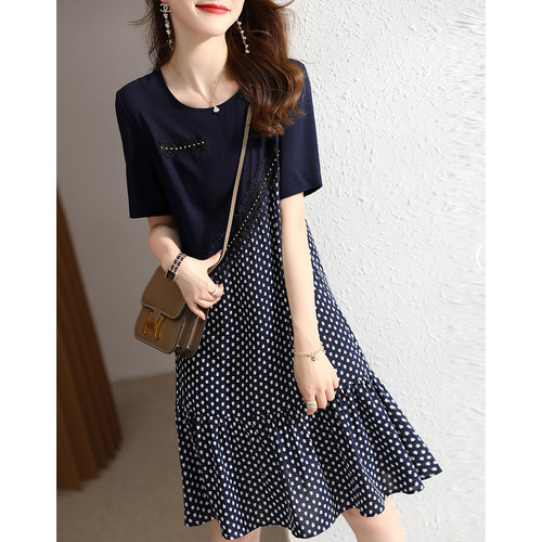 九月陌墨拼接波点夏季时尚收腰气质显瘦荷叶边T恤裙短袖连衣裙女 - 图0