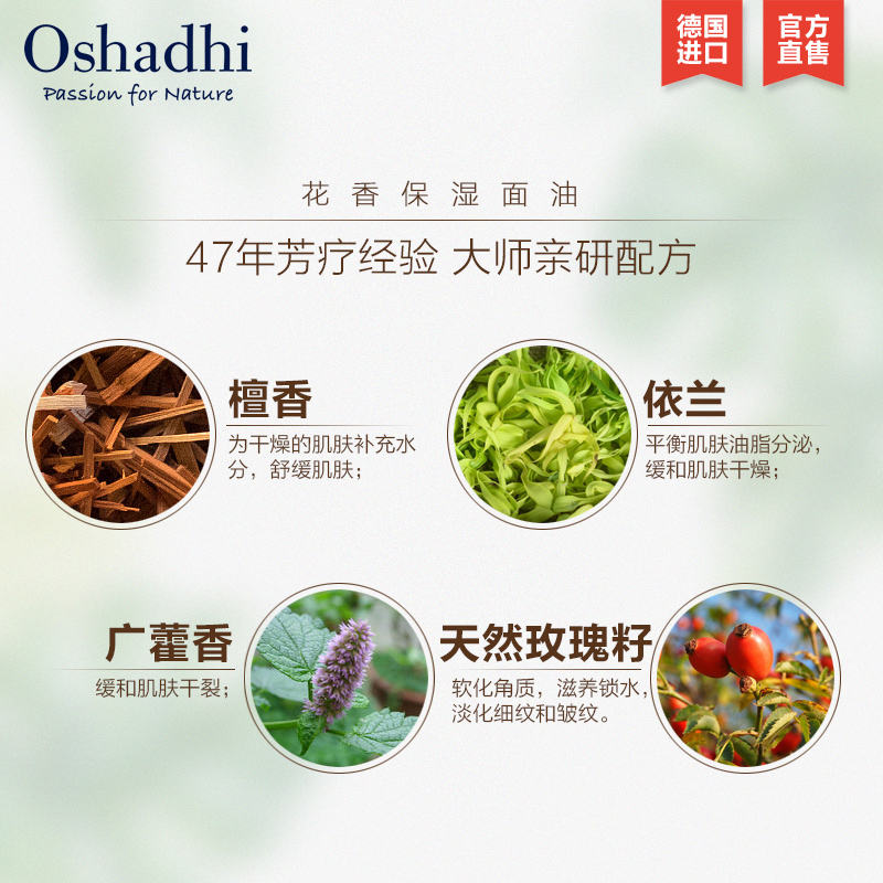 oshadhi德国O家花香保湿面油30ml 面部按摩油精华油以油护肤保湿 - 图1