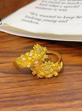 金店同款古法沙金点钻繁花锦簇戒指小雏菊指环宫廷复古送女友手镯