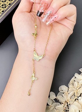 沙金四叶草五花手链久不掉色铜仿真饰品高级感蝴蝶项链女戒指镯子