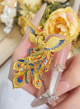 黄金色烧蓝花丝凤舞九天凤凰戒指女款新中式复古珐琅彩夸张食指戒