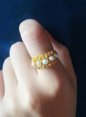 网红直播花丝镶嵌复古宫廷阳绿蛋面点缀戒指女开口可调节简约创意