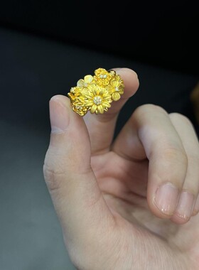古法黄金色花团锦簇花花戒指镶嵌锆石时尚可调节气质百搭精致指环