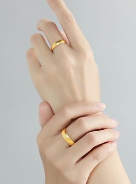 古法黄金色锤纹戒指时尚气质百搭高级感潮流ins情侣结婚对戒指环