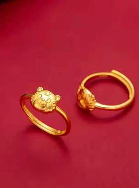 新款小老虎戒指本命年沙金黄金色开口古法素圈虎头戒指送女友闺蜜