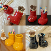 High face value Achild wood small red boots Ceramic creative desktop swing piece Vase Adornment pen holder Cosmetic Brush Containing cylinder