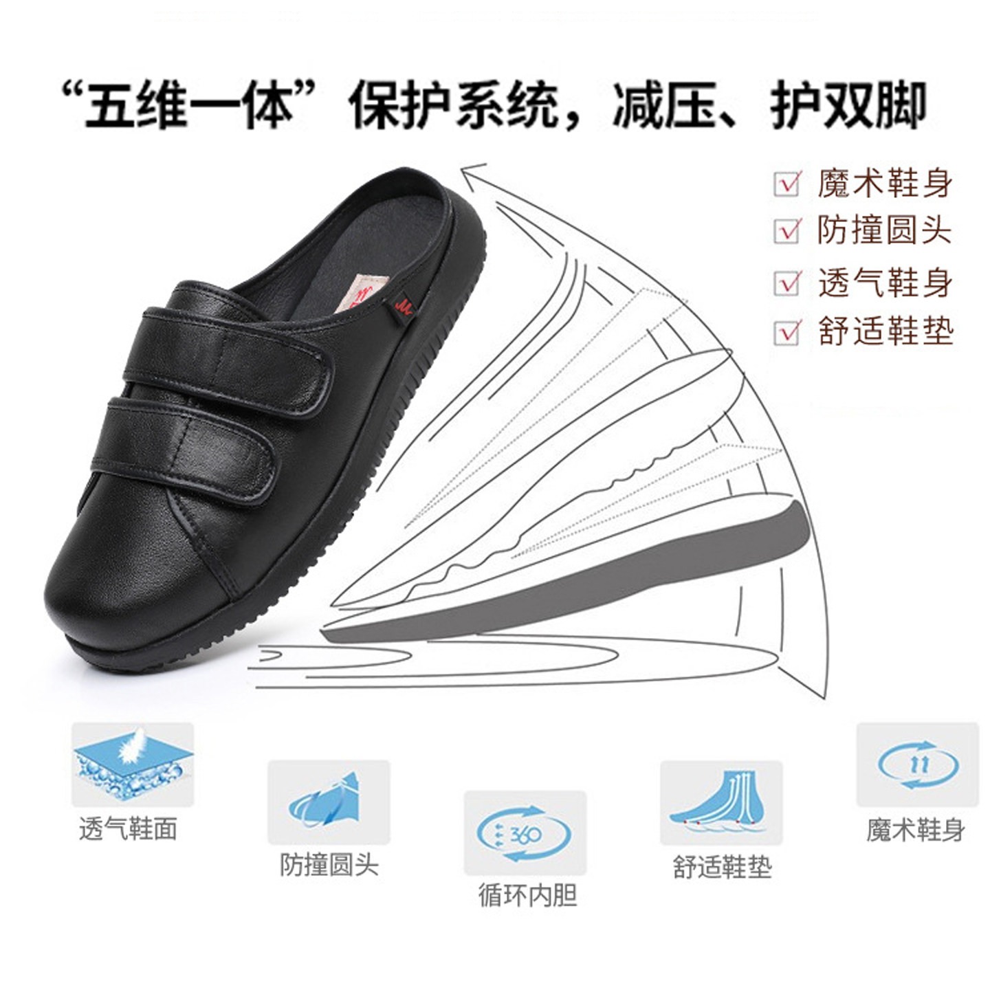 男女圆头魔术贴板鞋轻便真皮平底鞋舒适休闲鞋病人加宽脚肿糖足鞋,淘宝优惠券,粉丝福利购,淘宝优惠卷