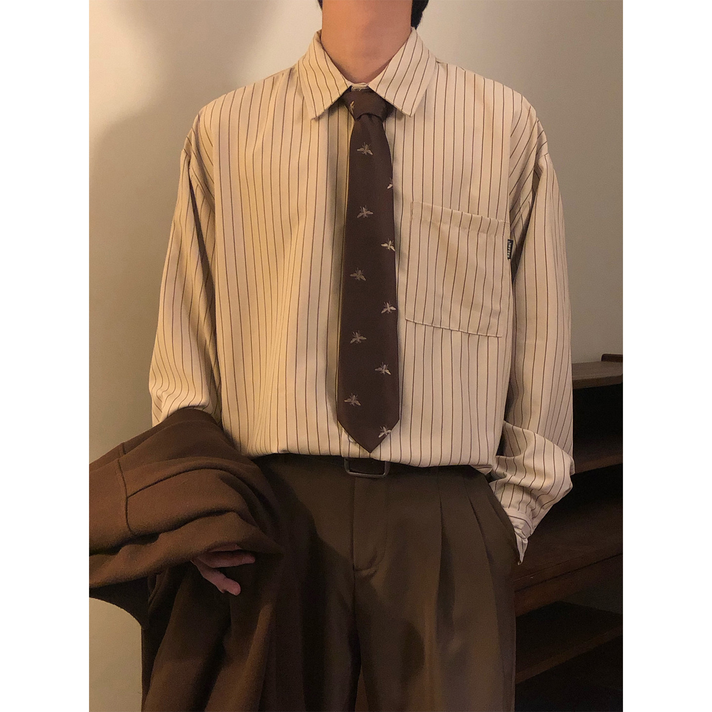 NAGAWL秋季美式复古学院风条纹宽松休闲百搭叠穿长袖衬衫上衣男女 - 图1