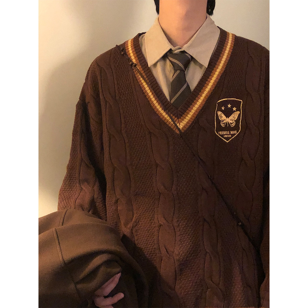 Nagaw冬季美式复古蝴蝶提花宽松日系学院风刺绣V领毛衣男针织衫潮,淘宝优惠券,粉丝福利购,淘宝优惠卷