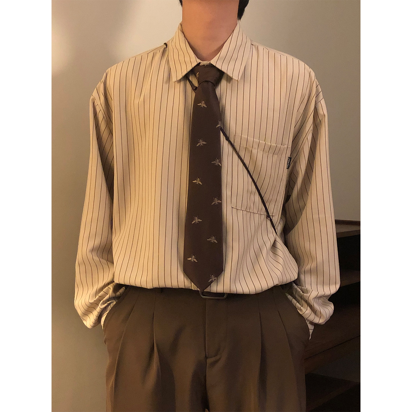 NAGAWL秋季美式复古学院风条纹宽松休闲百搭叠穿长袖衬衫上衣男女 - 图2