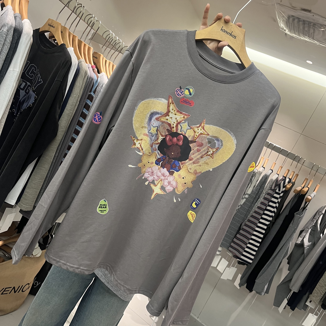 HANMIGAO 圆领卡通爱心图案宽松长袖T恤百搭上衣63006 - 图0