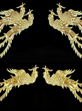 中式喜庆团扇秀禾服饰金色双凤凰铁花片嘴巴带孔花枝藤条配件