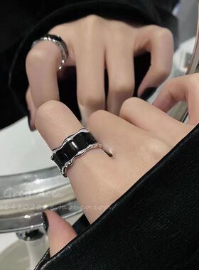 秋日来信~黑色滴釉开口戒指女小众设计情侣食指戒时尚个性指环潮