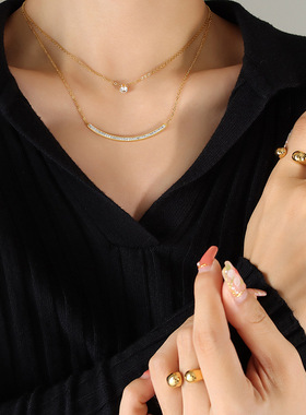 欧美necklace women微笑锆石双层叠戴项链女钛钢镀金锁骨颈链P943