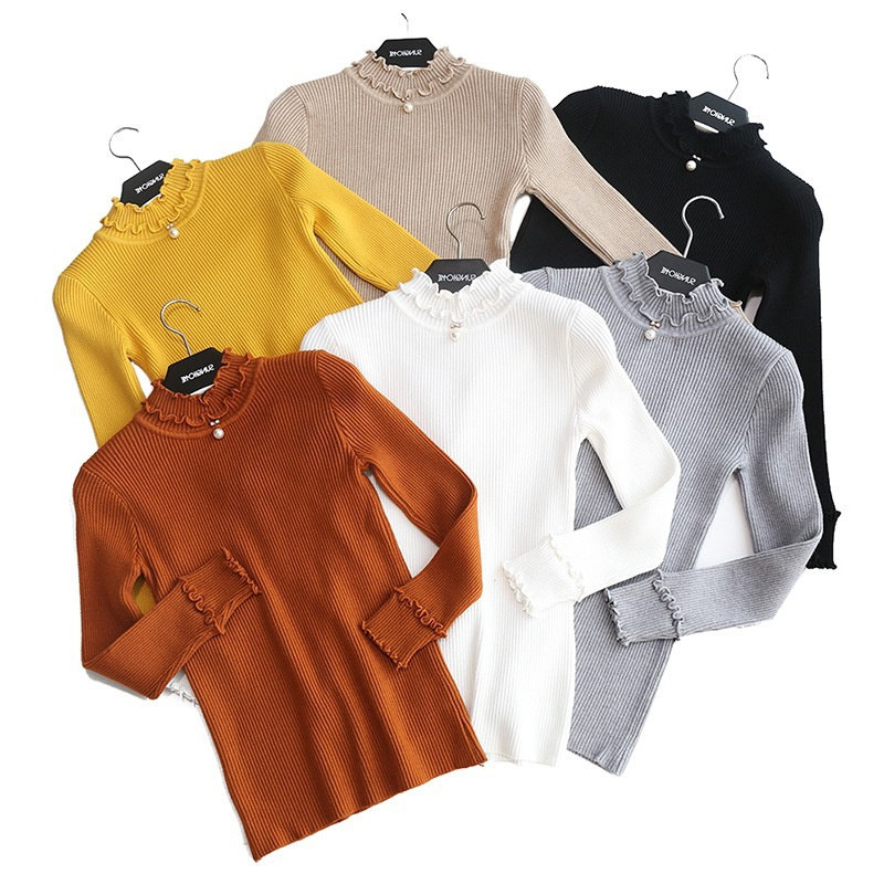 秋冬新款半高领木耳边修身针织毛衣女短款韩版甜美中领打底衫上衣,淘宝优惠券,粉丝福利购,淘宝优惠卷