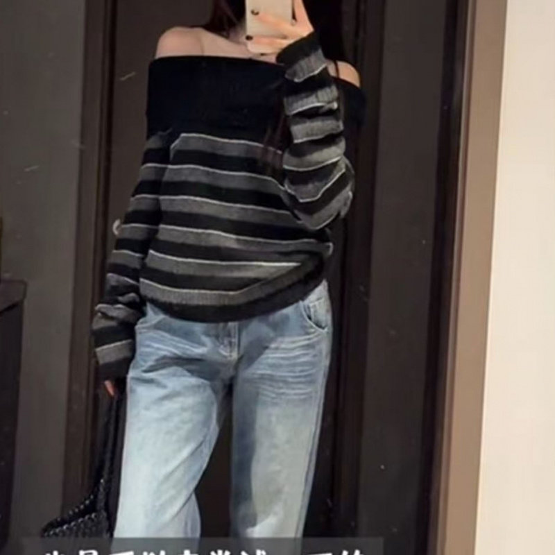 2025秋冬季新款韩系气质条纹毛衣女一字肩设计感纯欲风针织衫上衣,淘宝优惠券,粉丝福利购,淘宝优惠卷