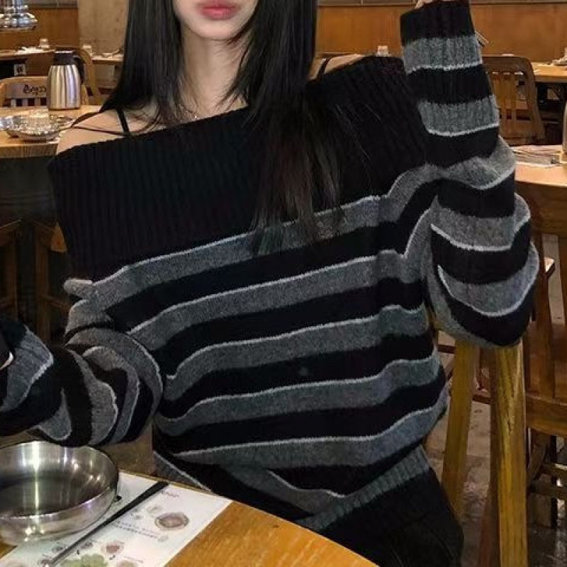 2025秋冬季新款韩系气质条纹毛衣女一字肩设计感纯欲风针织衫上衣,淘宝优惠券,粉丝福利购,淘宝优惠卷