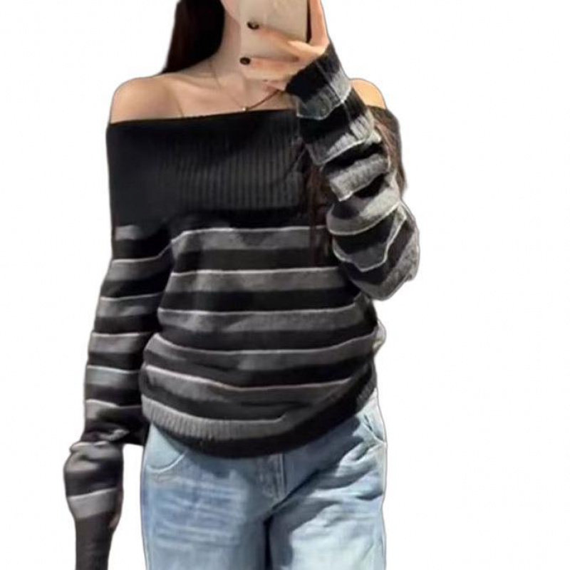 2025秋冬季新款韩系气质条纹毛衣女一字肩设计感纯欲风针织衫上衣,淘宝优惠券,粉丝福利购,淘宝优惠卷