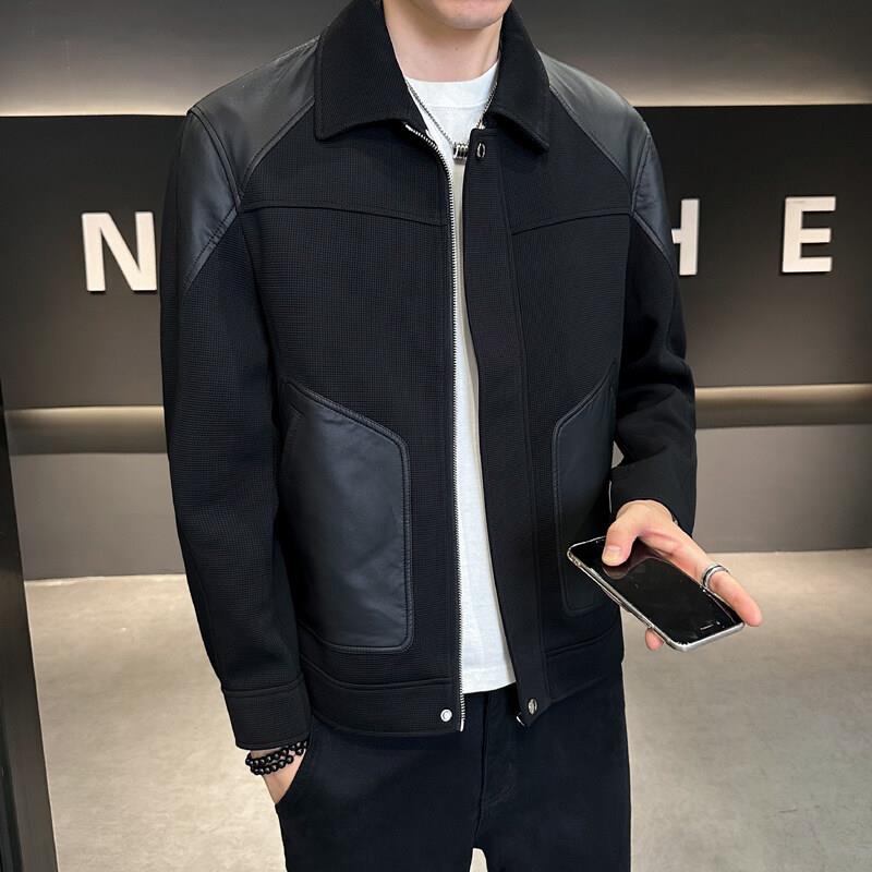 外套男春秋季2025新款痞帅潮牌高级感男装针织PU皮拼接夹克上衣服 - 图1