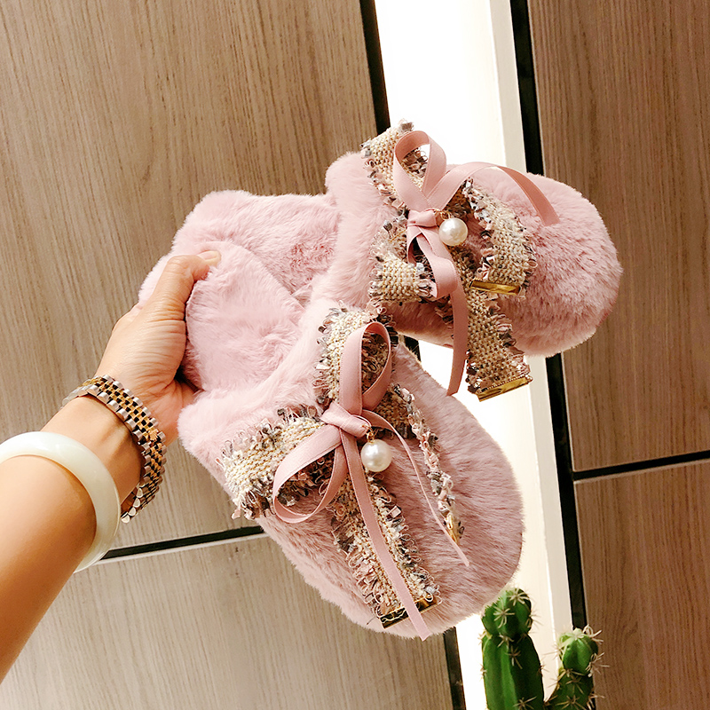 秋冬新款气质小香蝴蝶结棉拖鞋女士居家软底防滑外穿保暖毛毛拖鞋 - 图1