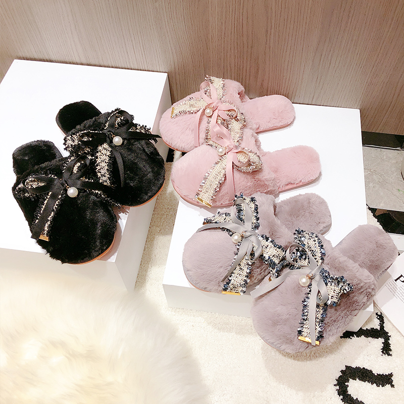 秋冬新款气质小香蝴蝶结棉拖鞋女士居家软底防滑外穿保暖毛毛拖鞋 - 图0